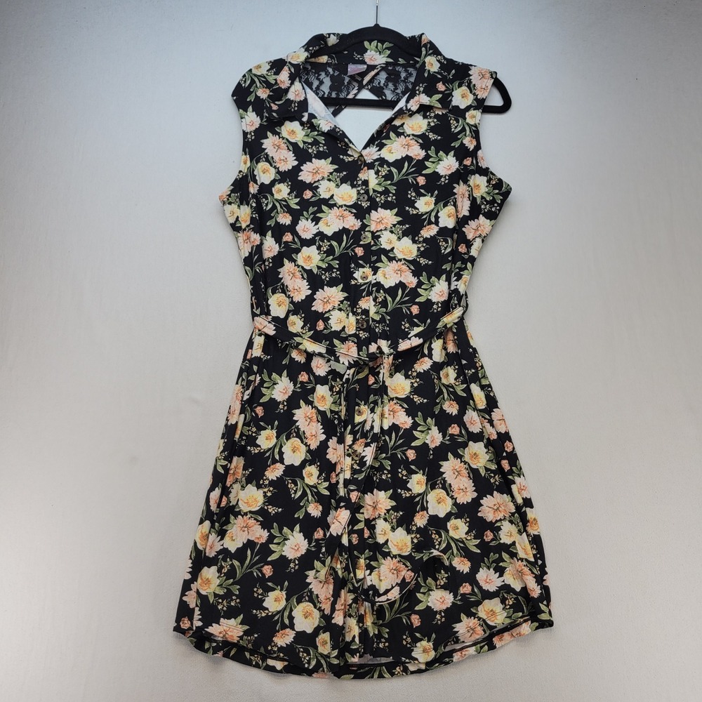 No Boundaries Floral Dress Women XL 15-17 Black Lace Back Belt Sleeveless Button